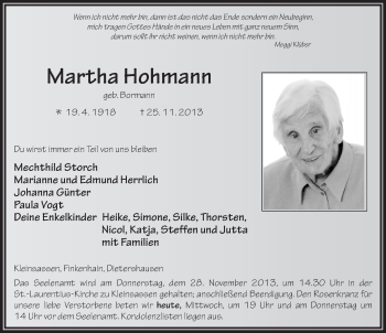 Traueranzeige von Martha Hohmann 
