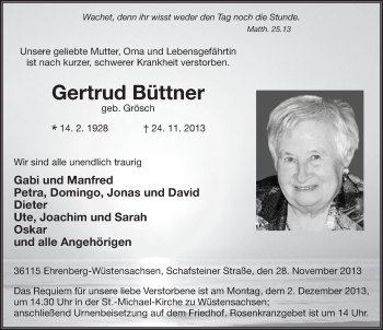 Traueranzeige von Gertrud Büttner 