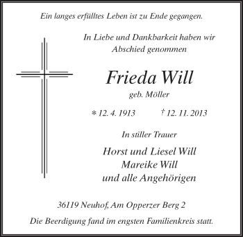 Traueranzeige von Frieda Will 