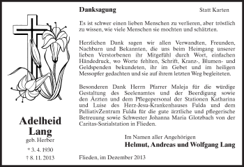 Traueranzeige von Adelheid Lang 