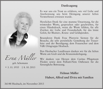 Traueranzeige von Erna Müller 