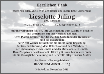 Traueranzeige von Lieselotte Juling 