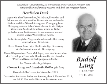Traueranzeige von Rudolf Lang 