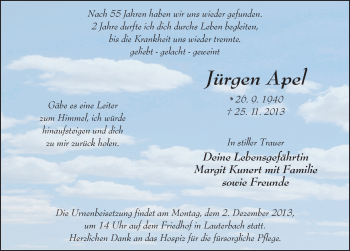 Traueranzeige von Jürgen Apel 