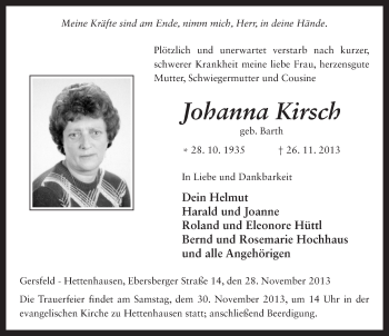 Traueranzeige von Johanna Kirsch 