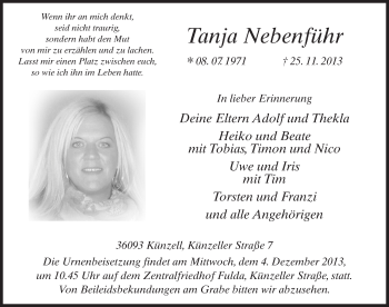 Traueranzeige von Tanja Nebenführ 