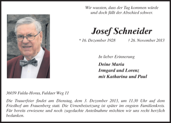 Traueranzeige von Josef Schneider 