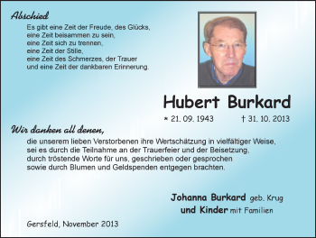 Traueranzeige von Hubert Burkard 