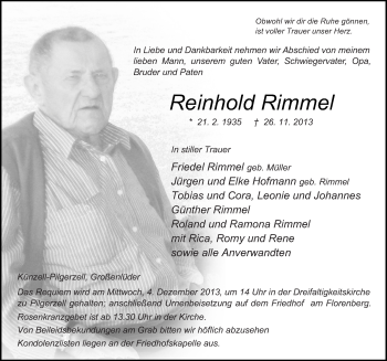 Traueranzeige von Reinhold Rimmel 