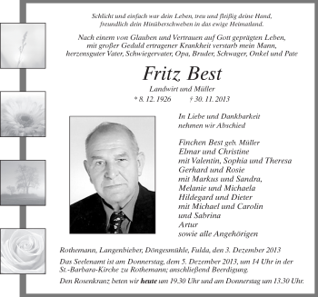 Traueranzeige von Fritz Best 