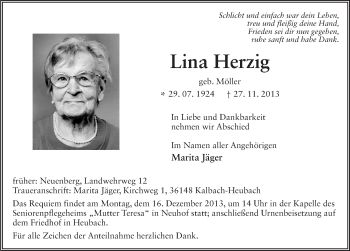 Traueranzeige von Lina Herzig 