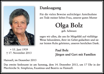 Traueranzeige von Olga Bolz 