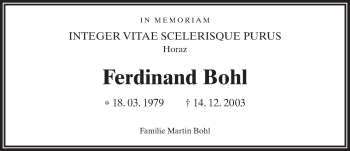 Traueranzeige von Ferdinand Bohl 