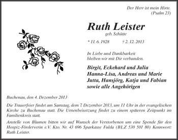 Traueranzeige von Ruth Leister 