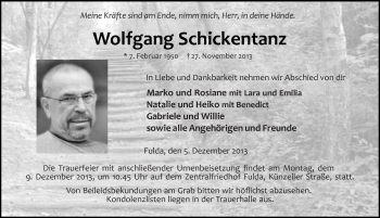 Traueranzeige von Wolfgang Schickentanz 