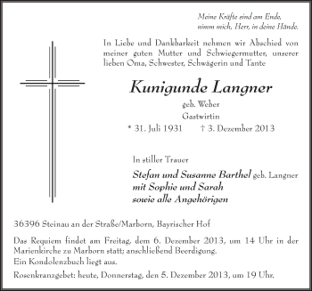 Traueranzeige von Kunigunde Langner 