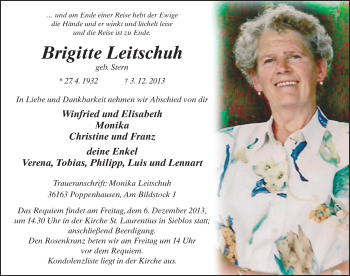 Traueranzeige von Brigitte Leitschuh 