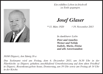 Traueranzeige von Josef Glaser 