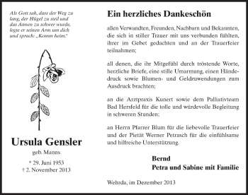 Traueranzeige von Ursula Gensler 