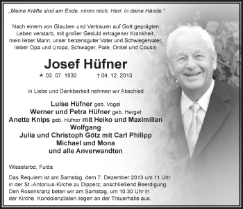 Traueranzeige von Josef Hüfner 