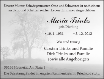 Traueranzeige von Maria Trinks 
