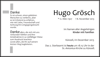 Traueranzeige von Hugo Grösch 