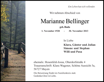 Traueranzeige von Marianne Bellinger 
