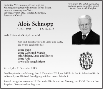 Traueranzeige von Alois Schnopp 