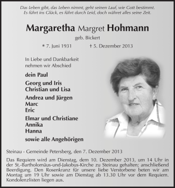 Traueranzeige von Margareta Hohmann 