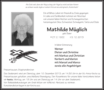 Traueranzeige von Mathilde Müglich 