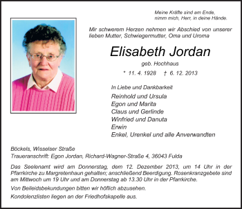 Traueranzeige von Elisabeth Jordan 