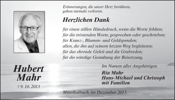 Traueranzeige von Hubert Mahr 