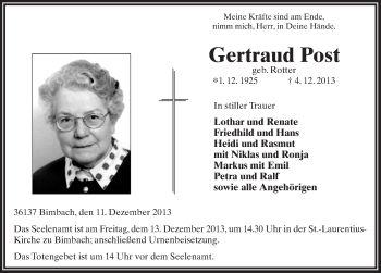 Traueranzeige von Gertraud Post 