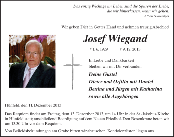 Traueranzeige von Josef Wiegand 