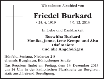 Traueranzeige von Friedel Burkard 