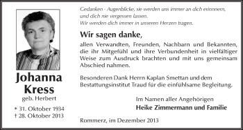 Traueranzeige von Johanna Kress 