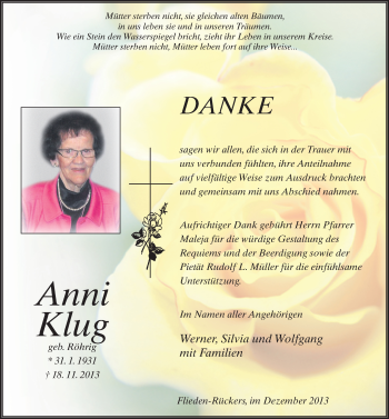 Traueranzeige von Anni Klug 