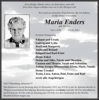 Traueranzeige von Maria Enders 