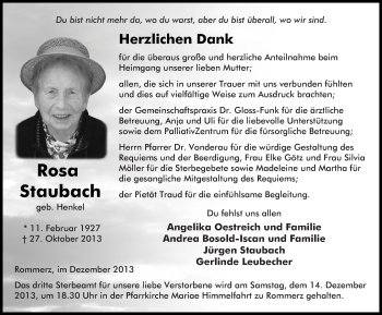 Traueranzeige von Rosa Staubach 