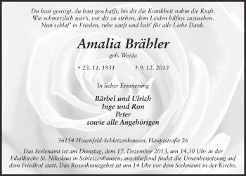 Traueranzeige von Amalia Brähler 