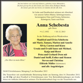Traueranzeige von Anna Schebesta 