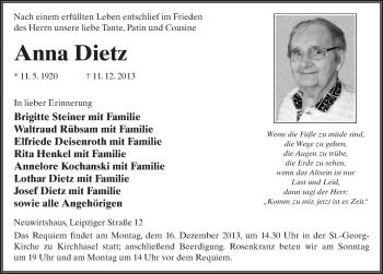 Traueranzeige von Anna Dietz 