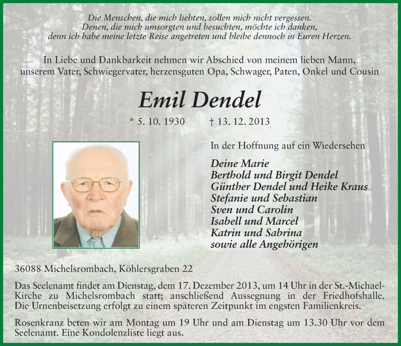  Traueranzeige für Emil Dendel vom 14.12.2013 aus 