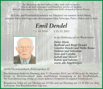 Traueranzeige von Emil Dendel 