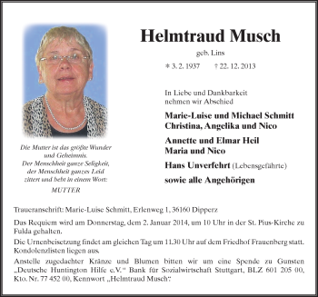Traueranzeige von Helmtraud Musch 