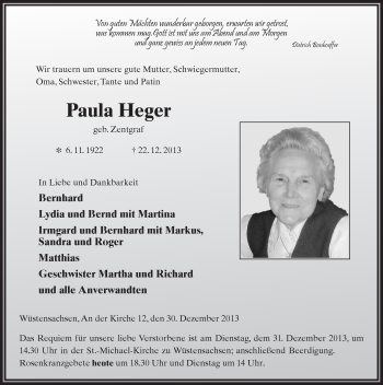 Traueranzeige von Paula Heger 