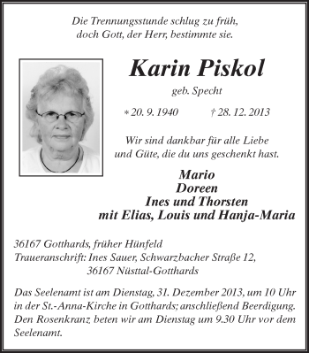 Traueranzeige von Karin Piskol 
