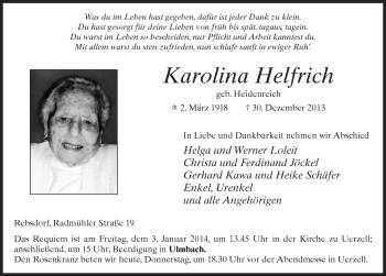 Traueranzeige von Karolina Helfrich 