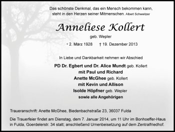 Traueranzeige von Anneliese Kollert 