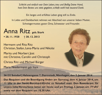 Traueranzeige von Anna Ritz 
